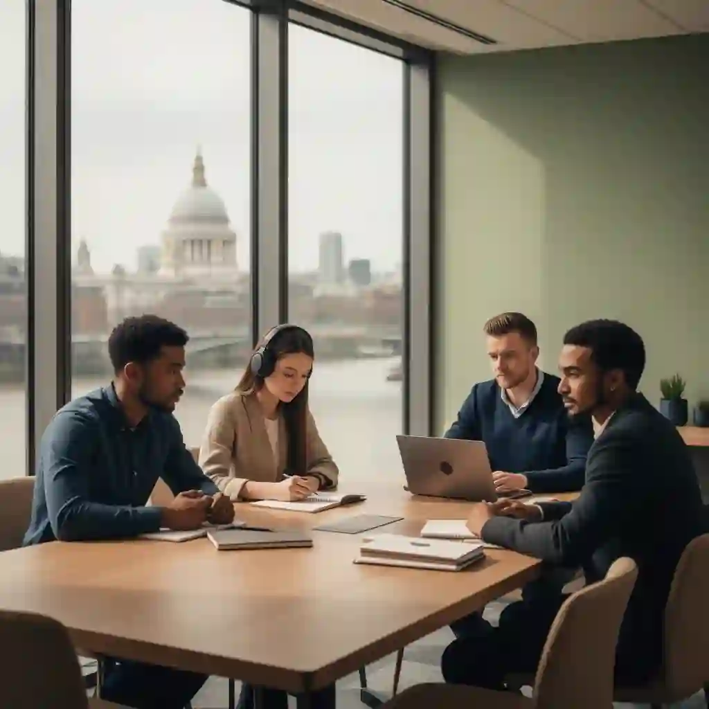 A team of UK professionals collaborating quietly in a calm London office, with St Paul's visible through the window.